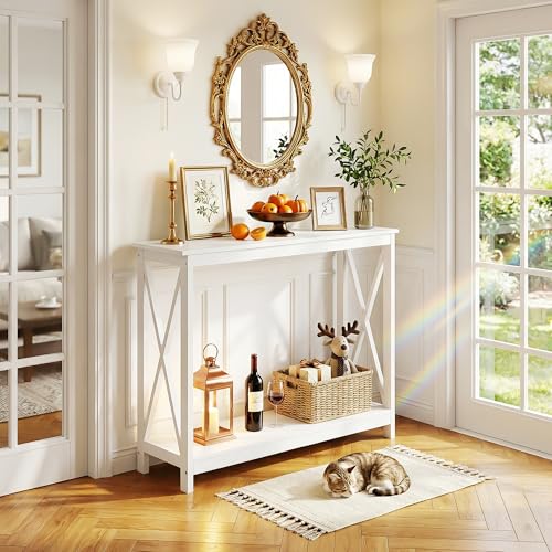 ZENY Console Table, Entryway Table, Narrow Sofa Table with 2-Tier Shelves, Entrance Table for Living Room, Entryway, Hallway, Foyer (White, 11.8" D x 39.4" W x 31.6" H) - color: White, size: 39.4"W