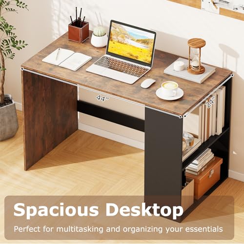 Giantex Small Desk with Bookshelf, 44 Inch Modern Computer Desk for Small Spaces, Laptop PC Desk, Vanity Table for Bedroom, Study Writing Desk for Home Office (Black+Rustic Brown) - color: Black+rustic Brown