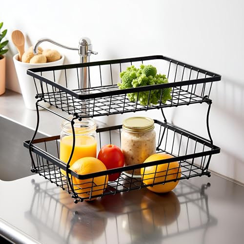 HOSY 2-Tier Metal Fruit Basket, 14-in Rectangle Black Standing Storage Rack | All-Metal, Removable Design, Tool-Free Assembly, Versatile Kitchen Countertop Organizer, Vegetables, Breads, Seasonings - size: 14-inch
