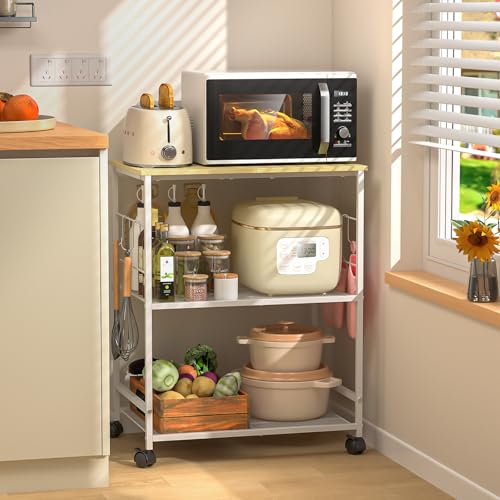 ThreeHio Rolling Kitchen Microwave Cart, 3 Tier Microwave Table Stand with Storage, Kitchen Utility Cart on Lockable Wheels, Small Coffee Station Shelf Rack Organizer for Living Room Office, Balcony - color: White, size: Standard without Power Outlet