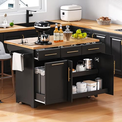 60" Kitchen Island with Trash Can Storage Cabinet and Power Outlet | Rolling Kitchen Cart on Wheels with Rubber Wood Drop Leaf Top, Spice Rack, Towel Rack and Adjustable Shelf, Black - color: Black