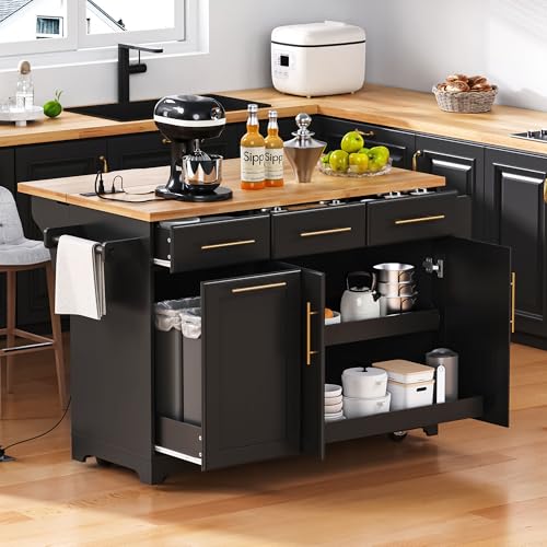 60" Kitchen Island with Trash Can Storage Cabinet and Power Outlet | Rolling Kitchen Cart on Wheels with Rubber Wood Drop Leaf Top, Spice Rack, Towel Rack and Adjustable Shelf, Black - color: Black