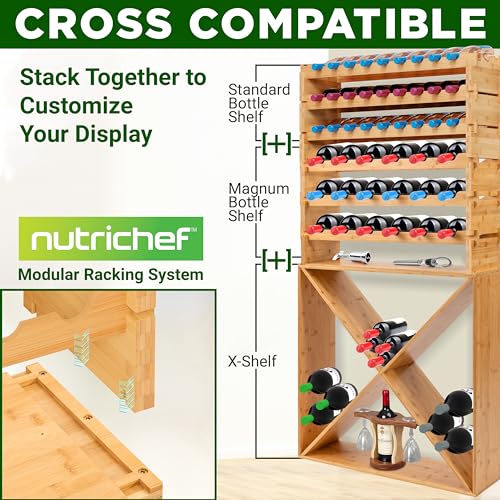 Nutrichef X Self Oversize Stackable Modular Wine Rack, Fits Up to 84 Standard Size Bottles Compatible and Stackable w/All Wine Racks - Bamboo Construction with Anti Moisture Protective Finish - size: X Brown