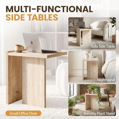 Hyfirm Modern Faux Travertine Side Table Small T-Shaped End Table | Space-Saving Accent Table with Travertine Finish Nightstand for Use Beside Sofa in Living Room Bedroom Apartments and Office - color: Beige