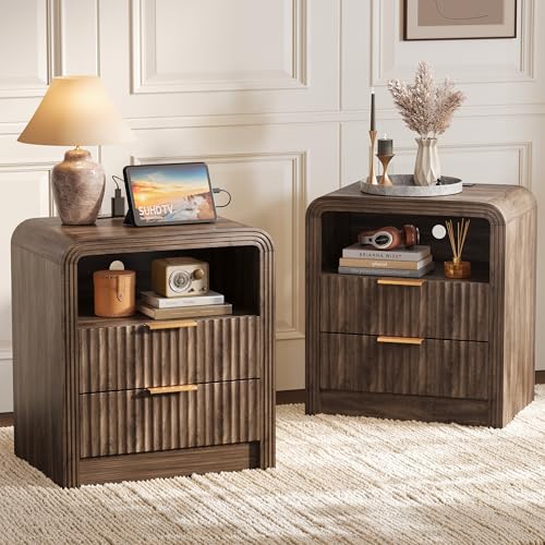 Decofy Fluted 2-Drawer Nightstand Set of 2 with Charging Station, Walnut | Open Shelf, USB and Type C Ports, Curved Profile, Gold Handles, 19.7'' Wood Bedside Table - color: Walnut, size: 2 Drawer( 15.5"D x 19.6"W x 24"H)