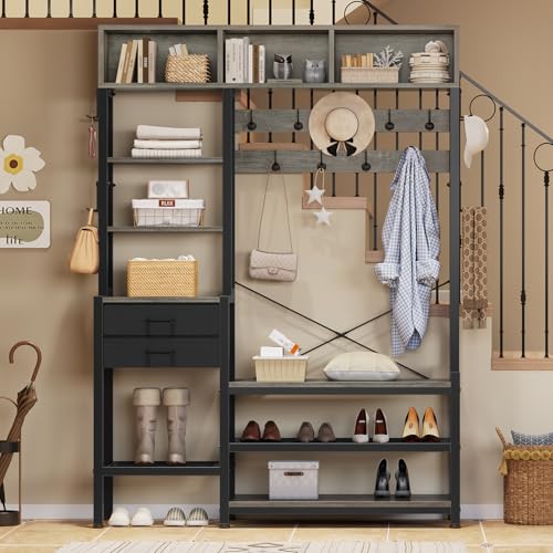 Itaar Hall Tree with Bench and Shoe Storage, 7-in-1 Entryway Bench with Coat Rack, 3 Storage Cubbies, 3 Open Shelves, 17 Coat Hooks, 2 Fabric Drawers (Oak Grey) - color: Oak Grey