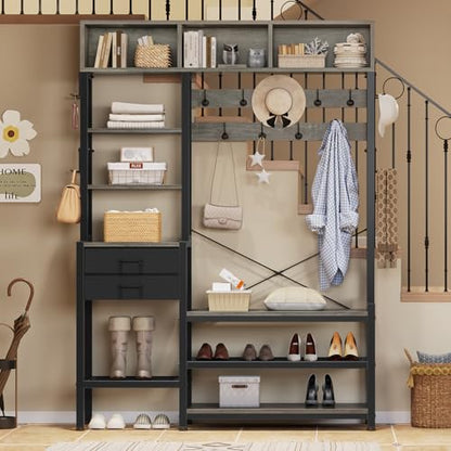Itaar Hall Tree with Bench and Shoe Storage, 7-in-1 Entryway Bench with Coat Rack, 3 Storage Cubbies, 3 Open Shelves, 17 Coat Hooks, 2 Fabric Drawers (Oak Grey) - color: Oak Grey