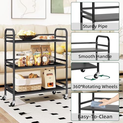 DCLRN 3 Tier Rolling Cart with Lockable Wheels Sturdy Construction,Solid Shelves,Recessed Screw Holes Ideal for Kitchen and Home Storage Size:23.6" Dx11.8 Wx29.5 H(Black) - size: Large