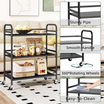 DCLRN 3 Tier Rolling Cart with Lockable Wheels Sturdy Construction,Solid Shelves,Recessed Screw Holes Ideal for Kitchen and Home Storage Size:23.6" Dx11.8 Wx29.5 H(Black) - size: Large