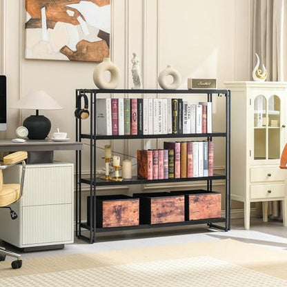 HCHQHS Bookshelf, 4-Tier Industrial Bookcase, Black Open Book Shelf, Freestanding Tall Bookshelves with Metal Frame - color: Black, size: 4-Tier (47"W x 44.5"H)