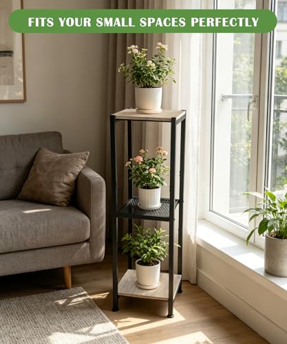 Dipion Extra Tall Plant Stand Indoor,40 Inch Plant Stands,3 Tier Metal Plant Stand with Heavy Duty Wood and Metal Mesh Shelf,Greige and Black