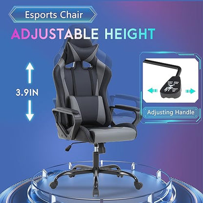 PayLessHere Ergonomic Racing Desk Chair Gaming Chair Computer Chair with Armrests 360° Swivel & Caster Pu Desk Task Chair Executive Headrest Lumbar Support for Back Pain Women Men and Adults (Grey) - color: Grey