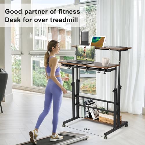 Hadulcet Mobile Standing Desk Adjustable Height, Rolling Desk Stand Up Desk, Mobile Laptop Desk, Rolling Computer Desk with Charging Station, Portable Desk with Wheels, Rustic Brown - color: Rustic Brown, size: 31.5" With Charging Station