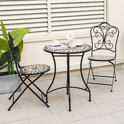 Giantex 24 Inch Patio Bistro Table, Mosaic Round Table w/Ceramic Tile Tabletop, Heavy-Duty Metal Structure, Outdoor Dining Table for Backyard, Garden, Porch (Black (Star Pattern)) - color: Black (Star Pattern)