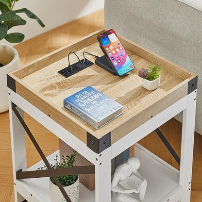 Farmhouse Square 2 Tier Side Table with Charging Station,White+Oak | End Table Sofa Table With X-Metal Frame Industrial Coffee Table Nightstand for Living Room Bedroom Small Spaces - color: White+oak, style: With Outlets