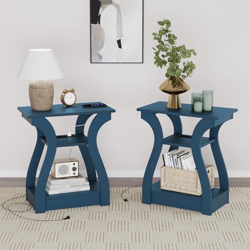FROMJBEST End Tables Living Room, End Table with Charging Station Navy Blue | Side Table Living Room, with USB Ports and Outlets, Nightstand for Bedroom, 3-Tier Storage Shelf, Bedside Table - color: Navy Blue