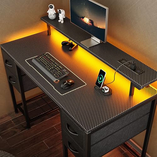 Huuger 47 inch Computer Desk with 4 Drawers, Gaming Desk with LED Lights & Power Outlets, Home Office Desk with Large Storage Space for Bedroom, Work from Home, Carbon Fibre Black - color: Carbon Fiber Black, size: 47 Inch