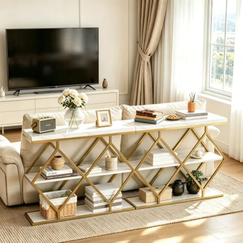 Garvee 3 Tier Console Table,39" Industrial Entryway Table,Open Wood Shelves | Sofa Table,Narrow Wood Accent Tables with Metal Frame for Hallway,Living Room,Behind Couch,Foyer,Entrance,White - color: White + Diamond-shaped
