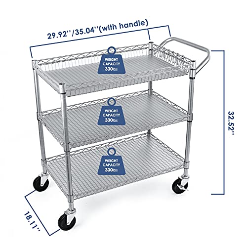 WDT Heavy Duty 3 Tier Utility Cart,Wire Rolling Carts with Wheels, Commercial Grade Service Cart with Shelving Liners and Handle Bar Metal Carts for Kitchen Office Hardware - color: 990lbs Capacity Silver