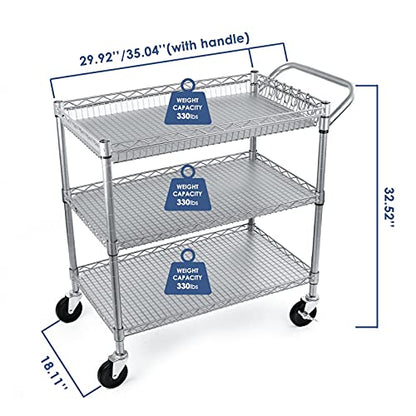 WDT Heavy Duty 3 Tier Utility Cart,Wire Rolling Carts with Wheels, Commercial Grade Service Cart with Shelving Liners and Handle Bar Metal Carts for Kitchen Office Hardware - color: 990lbs Capacity Silver