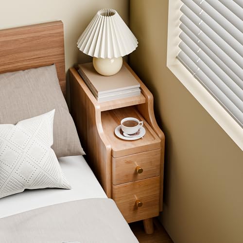 Narrow Nightstand Set of 2, 19.7" H Pre-Assembled Solid Wood Small Skinny Night Stand with Drawers, Open Sliding Shelf, Mid Century Modern Slim Bedside Table for Bedroom, Natural Oak,8" - color: Oak-2pack, size: 8"