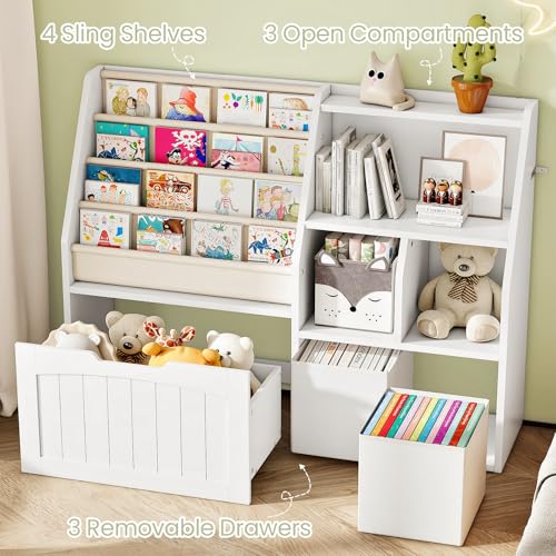 CHOEZON Kids Bookshelf, Children's Bookcase with 4 Sling Book Shelves, Toy Storage Cubby, Fabric Storage Baskets, Wooden Book Shelf for Kids' Room, Playroom, Nursery, Living Rooms, White MCW17WB - color: White
