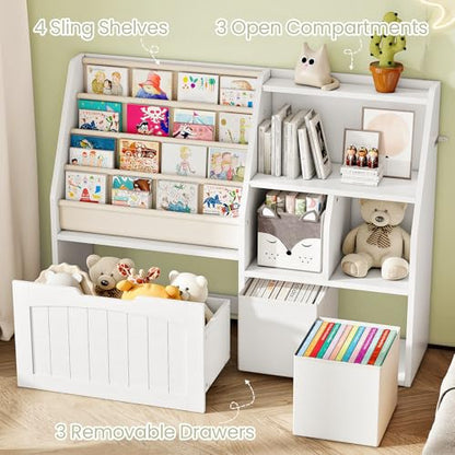 CHOEZON Kids Bookshelf, Children's Bookcase with 4 Sling Book Shelves, Toy Storage Cubby, Fabric Storage Baskets, Wooden Book Shelf for Kids' Room, Playroom, Nursery, Living Rooms, White MCW17WB - color: White