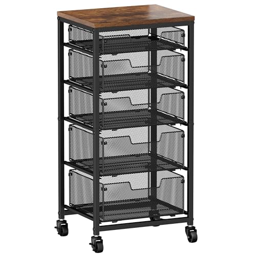 Rolling Cart with Drawers, 5-Drawer Storage Cart on Wheels with Vintage Wooden Top, Heavy Duty Metal Utility Cart, Mobile Craft Art Storage Cart for Kitchen, Bathroom, Office, Bedroom, Art Studio - color: Black, size: 5 Drawers