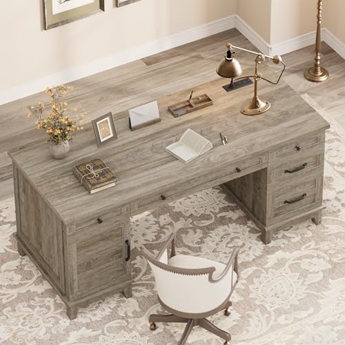 Garvee 60" Wooden Home Office Desk with File Drawers, Executive Desk with Adjustable Cabinet, Farmhouse Wood Desk with Power Outlet, Distressed Study and Work Table, Rustic Grey - color: Rustic Grey, size: 60" W
