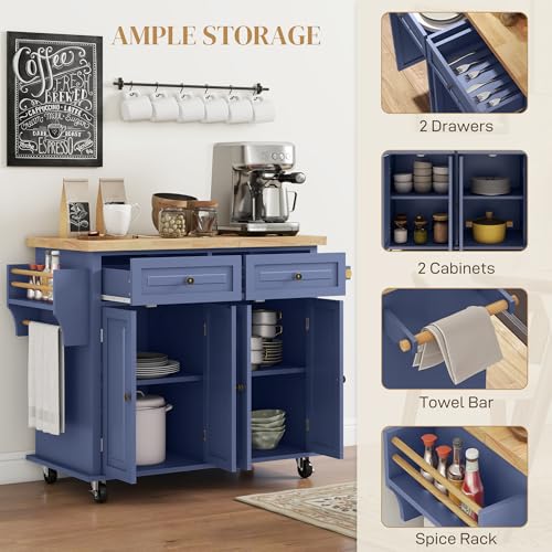 HOMCOM Kitchen Island Cart with Solid Wood Top, 44" Mobile Kitchen Island Table on Wheels with Storage Cabinets, 2 Drawers, Adjustable Shelves, Spice Rack & Towel Bar for Dining Room, Navy Blue - color: Navy Blue