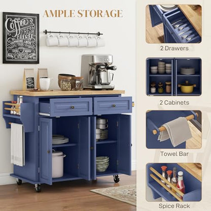 HOMCOM Kitchen Island Cart with Solid Wood Top 44" Mobile Navy Blue | Kitchen Island Table, on Wheels, Storage Cabinets, 2 Drawers, Adjustable Shelves, Spice Rack & Towel Bar, for Dining Room - color: Navy Blue