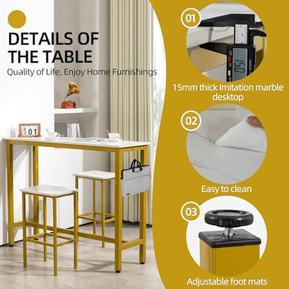 Finnhomy 52.7" Industrial Bar Table Set with 2 Stools - Counter Height Dining & Pub Table for Small Spaces, Kitchen, Apartment, Nook - Metal & Wood, Space-Saving Furniture - White Marble and Gold - color: White Marble + Gold, size: 52.7" Bar Table