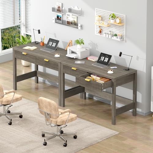 YOMILUVE Fluted Computer Desk with 2 Drawers, 39 Inch Small Computer Desk with Storage, Compact Writing Study Desk for Small Spaces, Gray - color: Grey