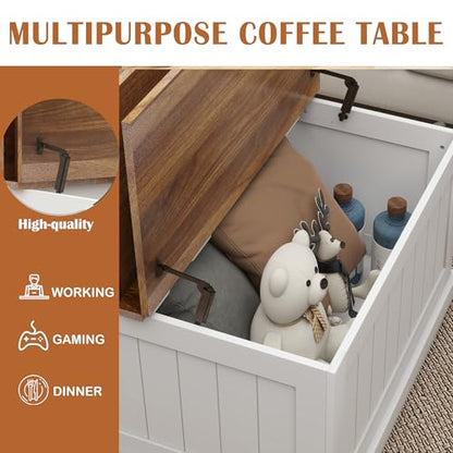 31.5" Farmhouse Coffee Table, Flip Top Coffee Square Table with Storage Compartment, Wooden Rustic Cocktail Table for Living Room, Bedroom, Apartment, Studio, White - color: White