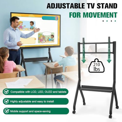 Smart Board Stand with 4 Lockable Wheels, 42-75" Height Adjustable Mobile Stand, Floor Wheeled TV Cart Rack Supports Up to 210lbs Rolling TVs Bracket with Laptop Shelf for Office/Classroom/HOM