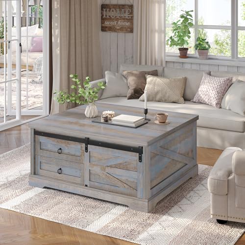 Itaar 39.4'' Lift Top Coffee Table with Storage, Farmhouse Coffee Tables for Living Room, Square Coffee Table with Large Hodden Compartment & 2 Drawrs & Adjustables Shelves (Blue) - color: Blue