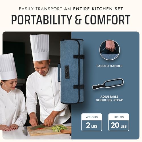 Asaya Waxed Nylon Chef Knife Roll Bag with 20 Slots and Zippered Pockets - Professional Chef Knife Bag & Storage Case, Tool Carrier with Shoulder Strap - Knives Not Included (Blue) - color: Blue