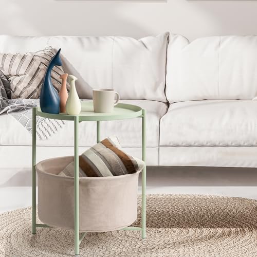danpinera Round Side Table with Fabric Storage Basket, Small Coffee Table | Metal End Stand with Removable Serving Tray, Modern Nightstand for Small Space, Living Room, Bedroom, Nursery, Light Green - color: Light Green