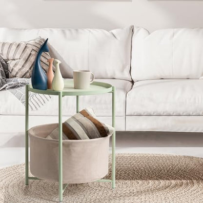danpinera Round Side Table with Fabric Storage Basket, Small Coffee Table | Metal End Stand with Removable Serving Tray, Modern Nightstand for Small Space, Living Room, Bedroom, Nursery, Light Green - color: Light Green