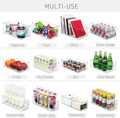 Hudgan 8 PACK Stackable Pantry Organizer Bins (3 Size) - Clear Fridge Organizer for Kitchen, Freezer, Refrigerator, Cabinet - Plastic Storage Container with Handle for Home - size: 2 XL + 2 L + 4 S