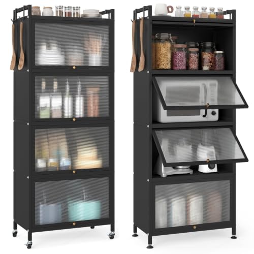 GIANTEX 5-Tier Kitchen Storage Cabinet, 4 PC Doors, Rolling Wheels, Black | Mobile Metal Pantry Cabinet with 4 Hooks & Adjustable Feet, 60" Baker's Rack Microwave Stand for Dining & Living Room - color: Black, size: 23.5"Lx12.5"Wx60"H