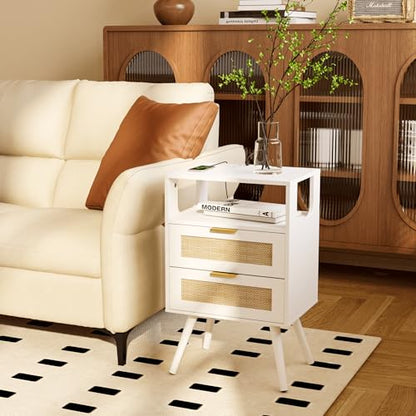 JOONEE Rattan Nightstand with Charging Station,Farmhouse Bedside Table with 2 Storage Drawer and Open Wood Shelf, for Bedroom and Small Spaces,Night Stand with Solid Wood Legs (White-Outlet) - color: White-outlet
