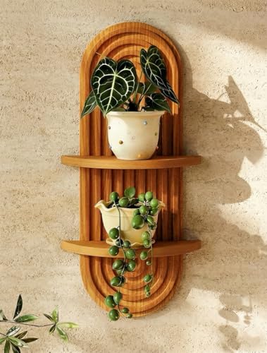 Bamworld Boho Wall Decor Plant Wall Shelf Wood Plant Holder 2 Tier Brown | Mid Century Modern Decor Hanging Plant Shelf Wooden Floating Shelves for Home Bedroom Living Room Holding Planter Decoration - color: Brown - Glossy, size: 16.7'' -1 Pcs
