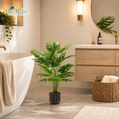 Der Rose 28" Fake Plants, Monstera Plant in Black Gold Pot for Home Decor | Artificial plants indoor add refined tropical greenery to modern offices, elegant entryways, reception areas and house decor