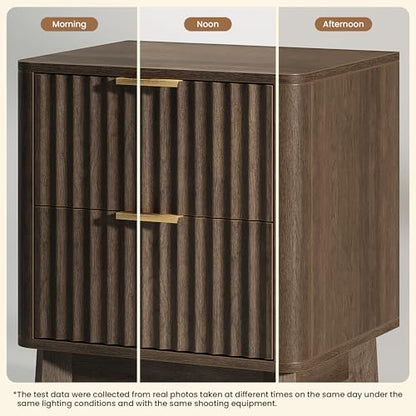 Fluted Nightstand Set of 2, Modern End Table with Metal Handle,2 Storage Drawers Side Table,Bedside Table for Bedroom,Wood Nightstands,Curved Profile Design Furnitue, Walnut - color: 2pcs_walnut
