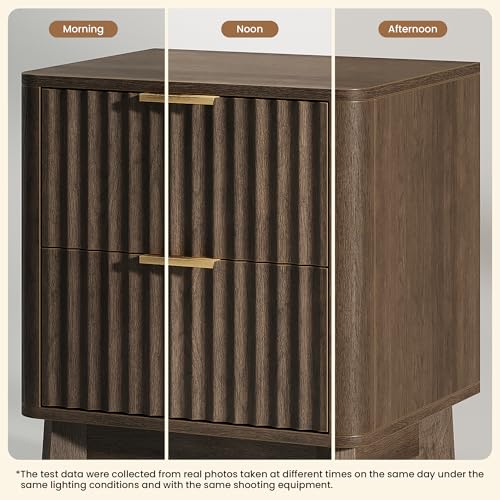 Fluted Nightstand Set of 2, Modern End Table with Metal Handle,2 Storage Drawers Side Table,Bedside Table for Bedroom,Wood Nightstands,Curved Profile Design Furnitue, Walnut - color: 2pcs_walnut