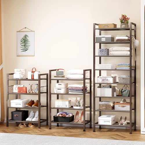 usikey 8 Tiers Narrow Shoe Rack 16-24 Pairs, Sturdy Metal Tall Shoe Rack with 4 Hooks, Slim Shoe Storage Organizer with Metal Shelf, Space Saving Vertical Shoe Shelf for Closet Entryway, Bronze - color: 8 Tier ( 17.9 X 11 X 55.5 Inches)-bronze