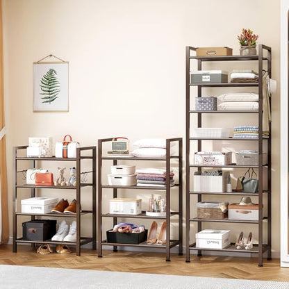 usikey 8 Tiers Narrow Shoe Rack 16-24 Pairs, Sturdy Metal Tall Shoe Rack with 4 Hooks, Slim Shoe Storage Organizer with Metal Shelf, Space Saving Vertical Shoe Shelf for Closet Entryway, Bronze - color: 8 Tier ( 17.9 X 11 X 55.5 Inches)-bronze