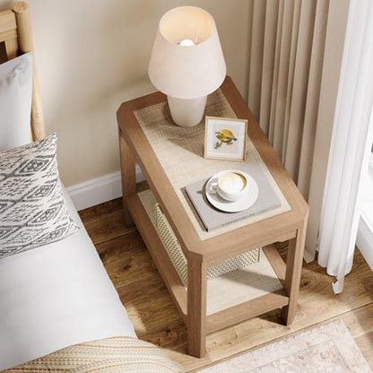 Eclatara Rattan Night Stand Set of 2 - Farmhouse 2 Tier End Table for Bedroomoom - Accent Side Table wtih Open Storage Shelves for Small Space Narrow Coffee Table Bamboo, Natural Oak - color: Natural Oak, Geometric Edges