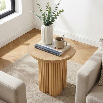 Round Fluted End Table, 17.7'' Mid Century Modern Side Table, Circle Bedside Tables Drink Table Wood Nightstand for Small Spaces, Living Room (Natural-1PCS) - color: Natural-1pcs